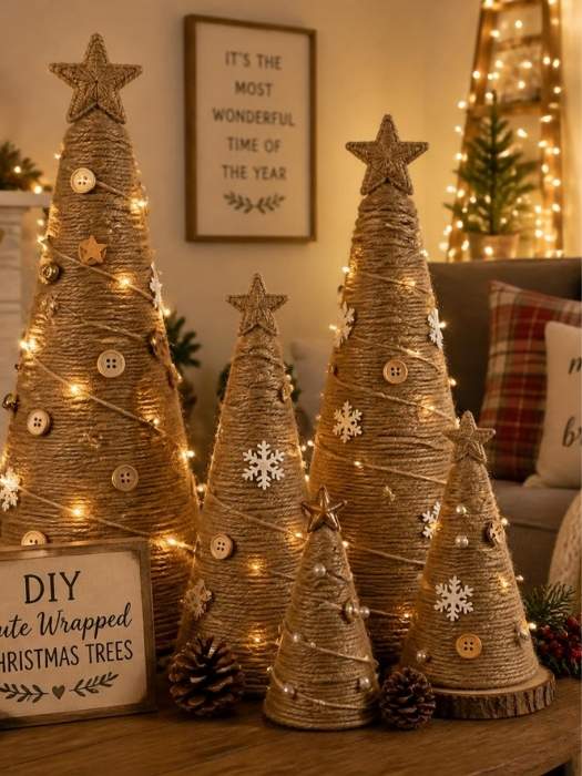 DIY-Jute-Wrapped-Christmas-Trees-for-Cheap DIY Christmas Tree Decorations