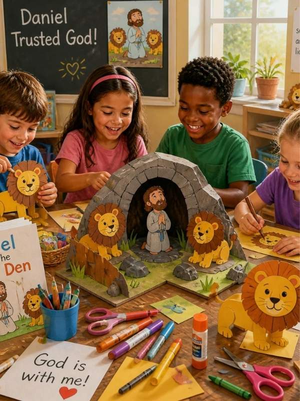 15-easy-daniel-and-the-lions-den-craft-ideas-that-help-kids-learn-the-bible-story-showing-children-with-lions-and-daniels-crafts
