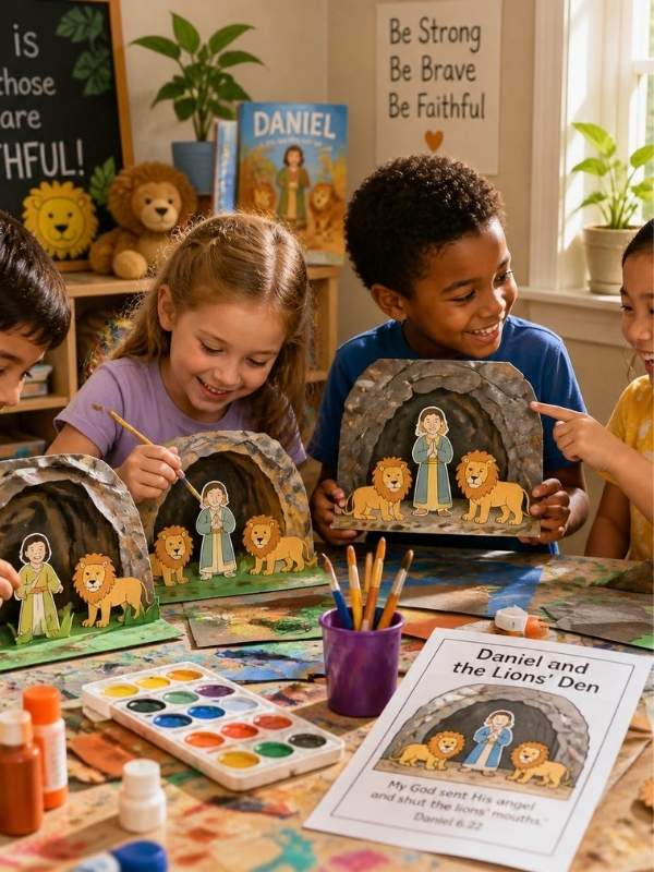 Daniel-and-the-Lions-Den-Paper-Roll-Craft-showing-kids-crafating-it-as-15-easy-daniel-and-the-lions-den-craft-ideas-that-help-kids-learn-the-bible-story