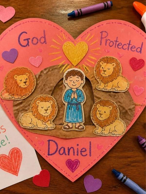  God-Protected-Daniel-Paper-Heart-Craft-showing-craft-of-a-heart-with-lion-and-daniel-being-protected-by-the-angel-as-15-easy-daniel-and-the-lions-den-craft-ideas-that-help-kids-learn-the-bible-story