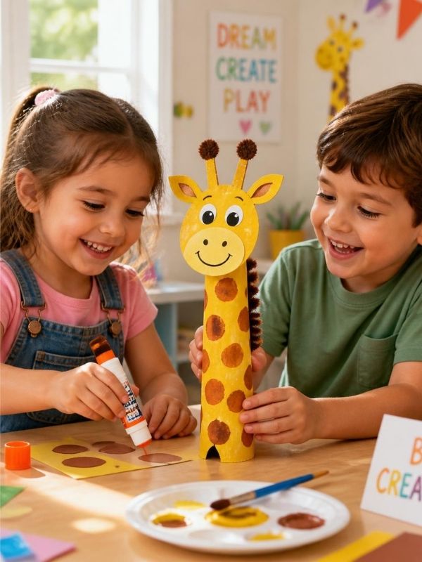  Toilet-Paper-Roll-Giraffe-Craft-showing-children-making-it-as-10-easy-zoo-animal-crafts-for-preschoolers-that-spark-creativity