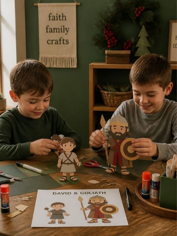David-and-Goliath-Craft-for-preschooler-showing-an-image-of-2-boys-one-holding-a-paper-goliath-while-the-other-is-holding-david-and-other-materials-like-paper-and-coloring-pen-on-the-table