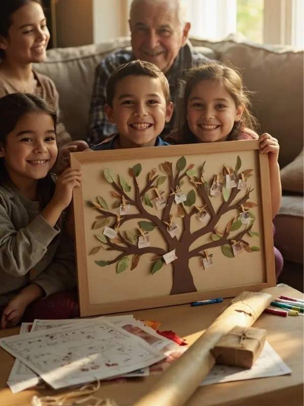 Family-tree-craft-done-by-a-senior-and-some-pictures-of-the-grandpa-and-his-grand-children-showing-the-craft