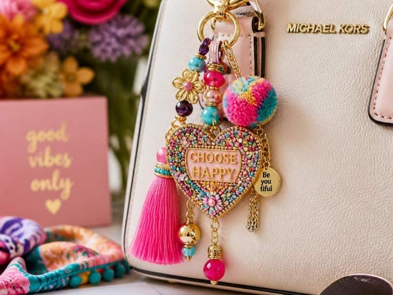 Diy-bag-charms-showing-beautiful-pink-colored-and-beaded-accessory-on-a-bag