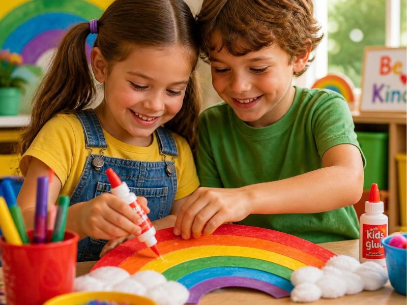Featured-Image-of-Rainbow-Crafts-for-kids-showing-kids-painting-a-paper-with-rainbow-colors
