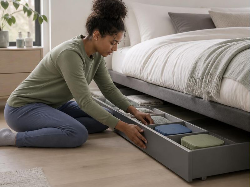 Featured-Image-of-under-the-bed-Storage-showing-a-woman-arranging-things-under-the-bed