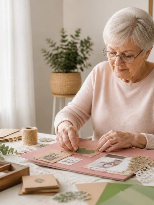Memory-Collage-done-by-a-senior-who-is-seated-down-on-a-chair-doing-the-craft