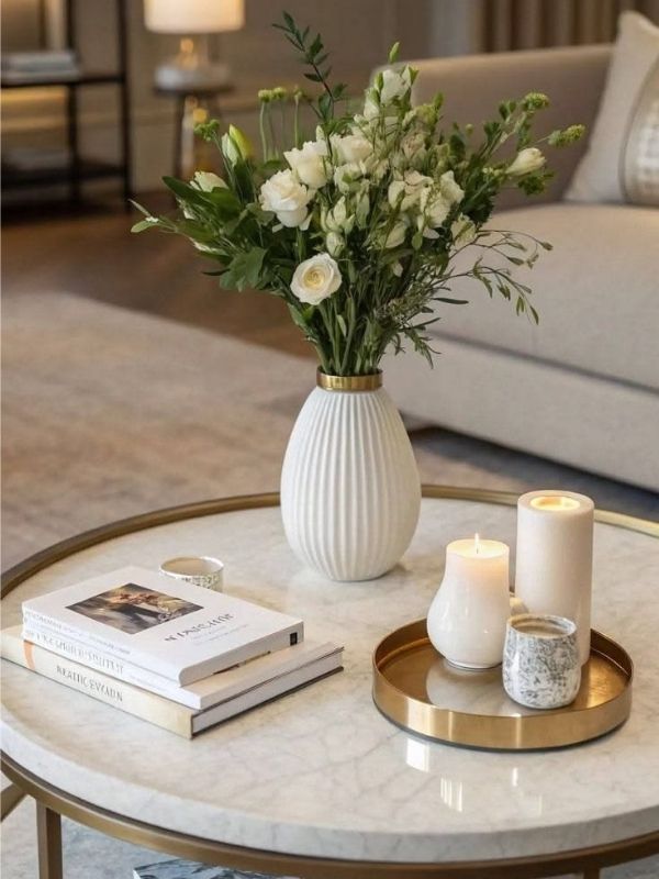 An-image-of-a-round-shape-table-decorated-with-a-flower-candle-and-a-book
