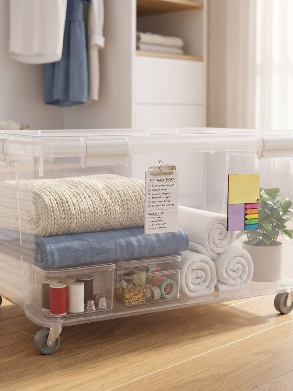 Image-of-simple-rolling-storage-showing-a-transparent-box-filled-with-few-clothes
