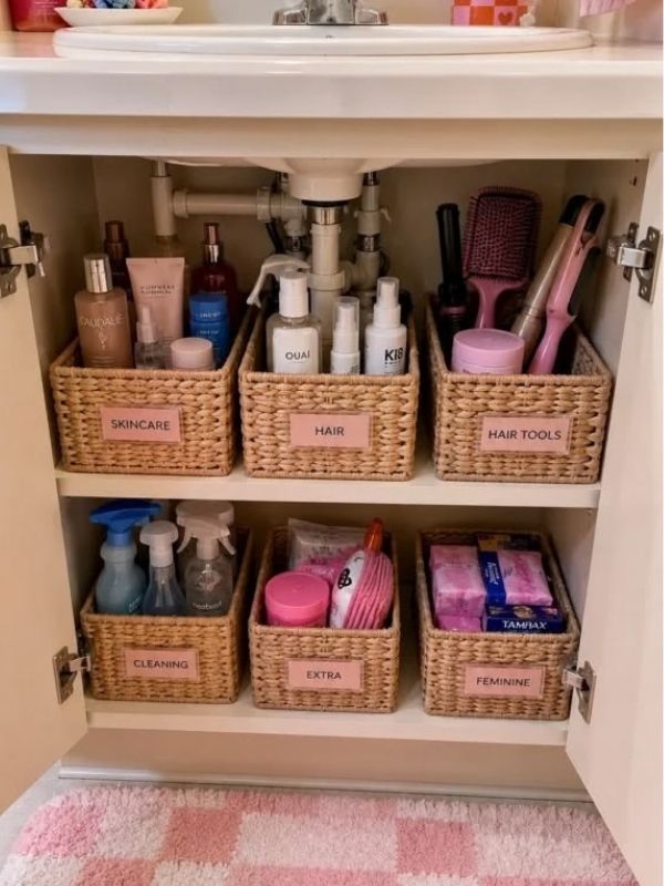 Small-woven-bathroom-storage-baskets-organizing-toiletries-under-a-sink-vanity