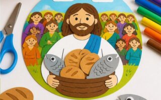 Featured-Image-Of-Five-Loaves-and-2-fish-crafts-for-kids-showing-an-image-of-jesus-carrying-a-basket-of-fives-and-loaves