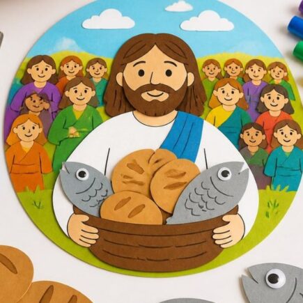 Featured-Image-Of-Five-Loaves-and-2-fish-crafts-for-kids-showing-an-image-of-jesus-carrying-a-basket-of-fives-and-loaves