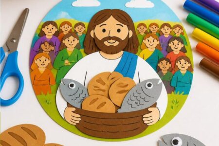 Featured-Image-Of-Five-Loaves-and-2-fish-crafts-for-kids-showing-an-image-of-jesus-carrying-a-basket-of-fives-and-loaves