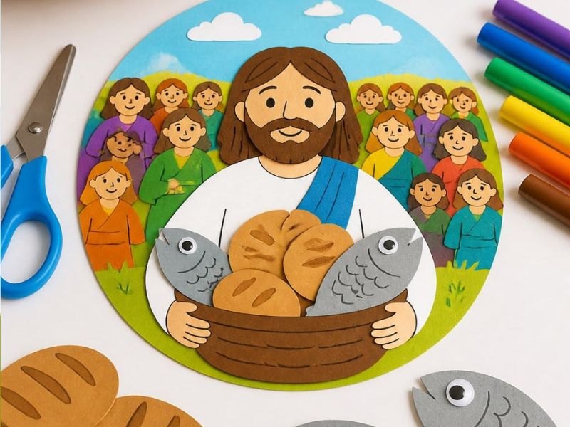 Featured-Image-Of-Five-Loaves-and-2-fish-crafts-for-kids-showing-an-image-of-jesus-carrying-a-basket-of-fives-and-loaves