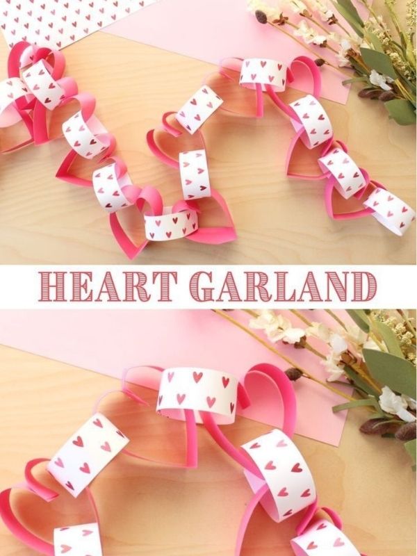 Valentine's-Day-crafts-for-peschoolers-showing-a-pink-and-white-Heart-Garland.
